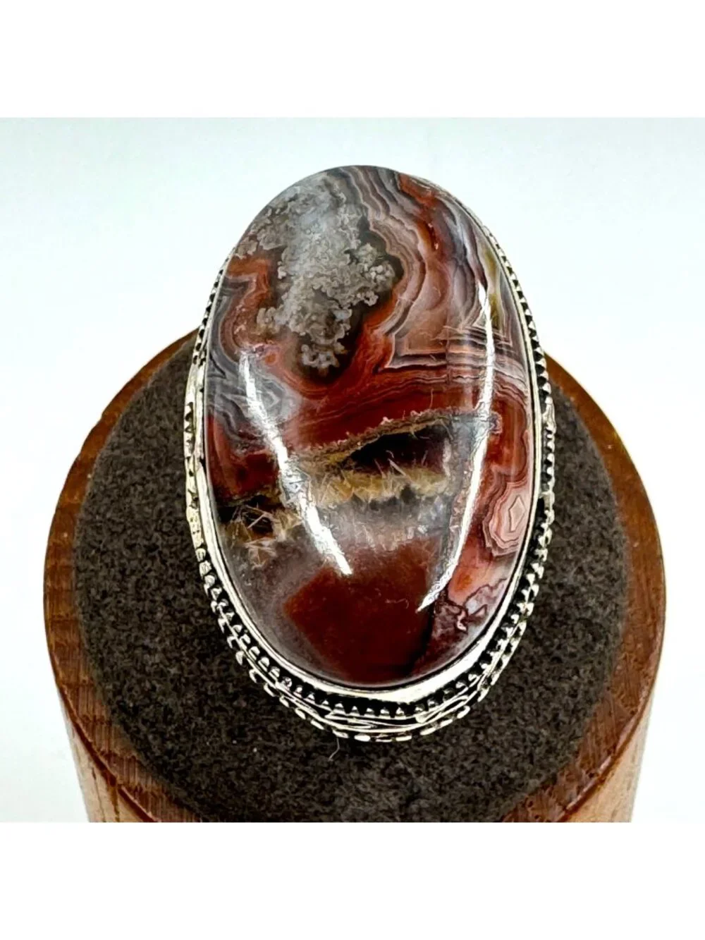 Crazy Lace Agate Bezel Set Statement Ring Sterling Silver 925 Size 9